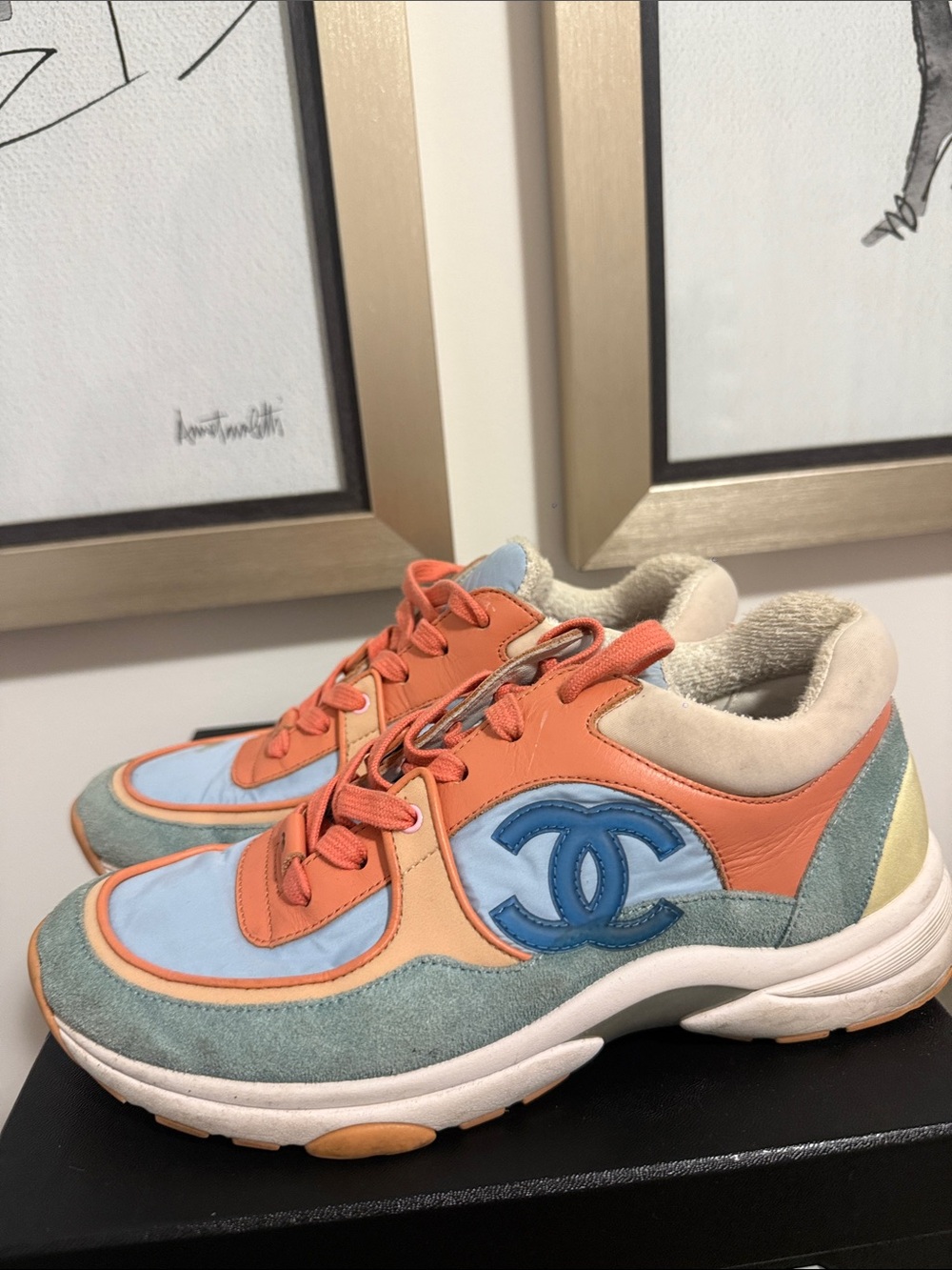 CHANEL Multicolor Coral, Light Blue & Sage CC Logo Lace-Up Sneakers